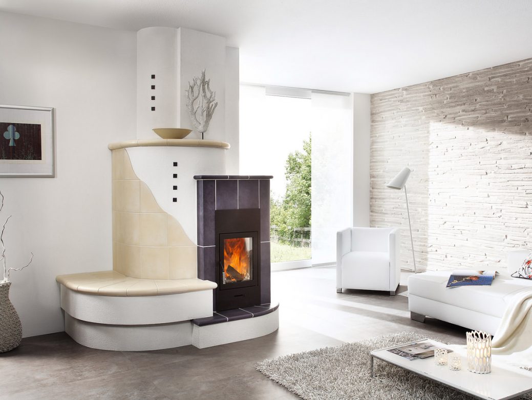 Light tiled stove in a living room
