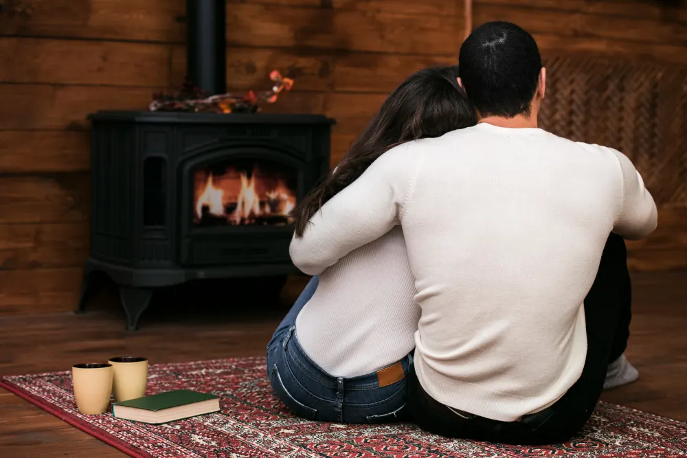 Couple sitting in front of a wood-burning stove