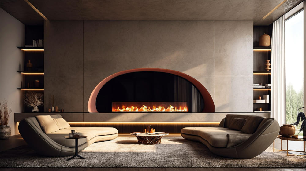 Living room with a modern designer fireplace