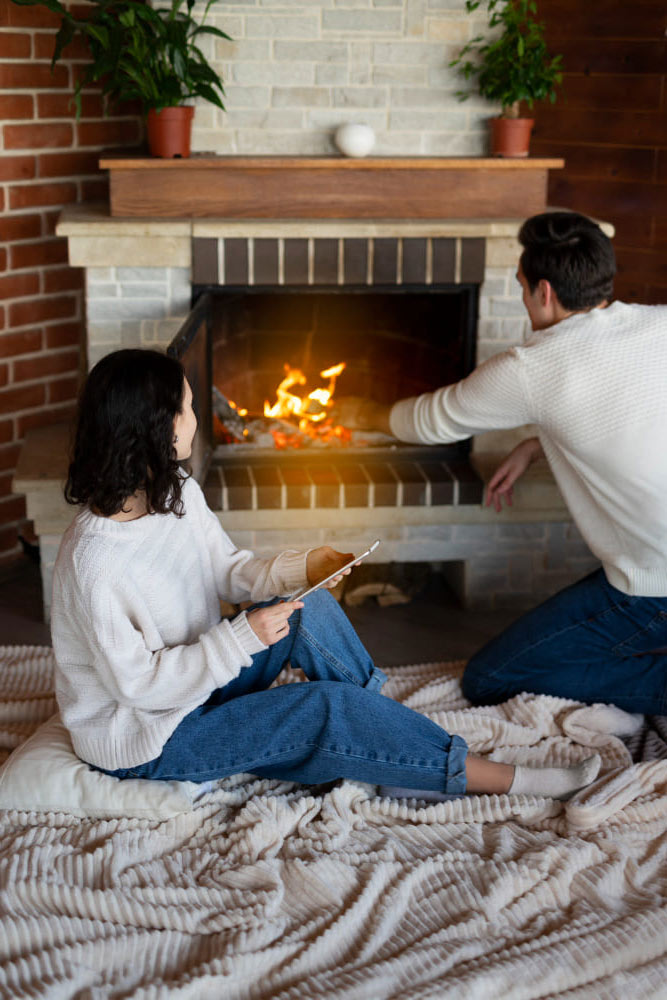 Couple in front of a fireplace