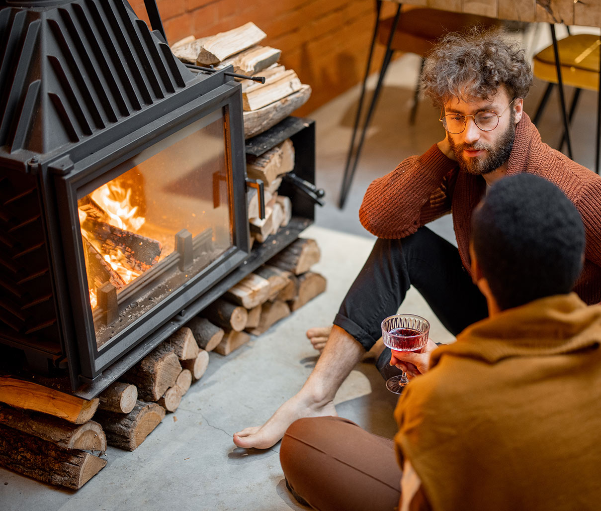 Wood fire in the fireplace