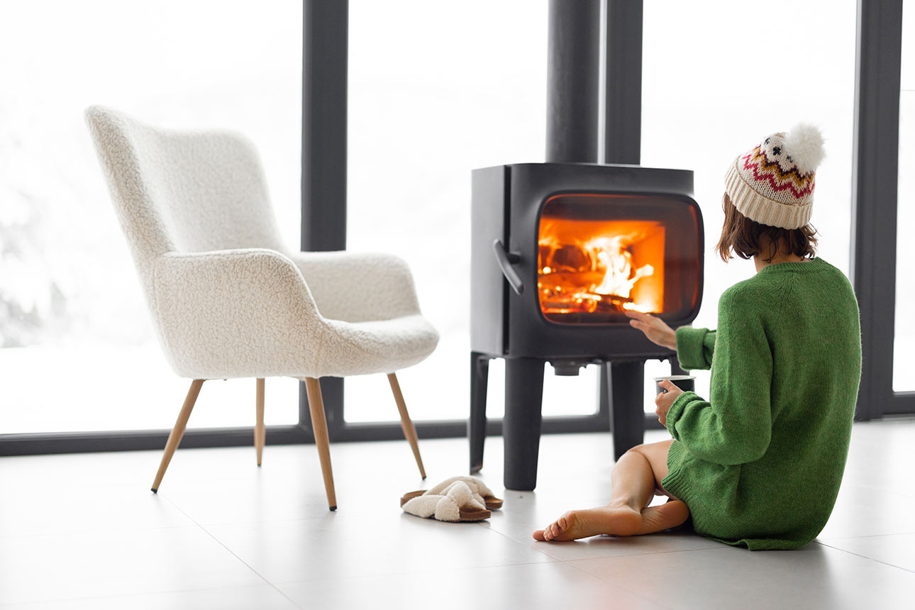 Wood-burning stove in a bright room
