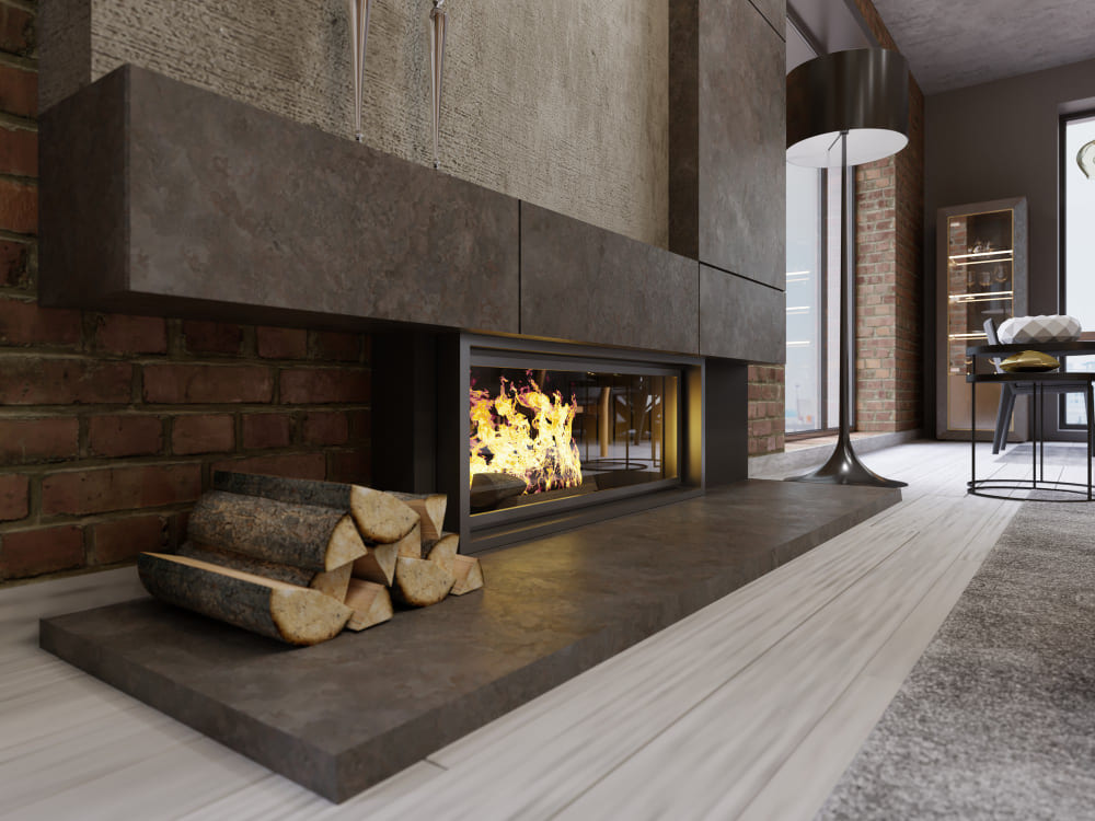 Modern designer fireplace with log storage