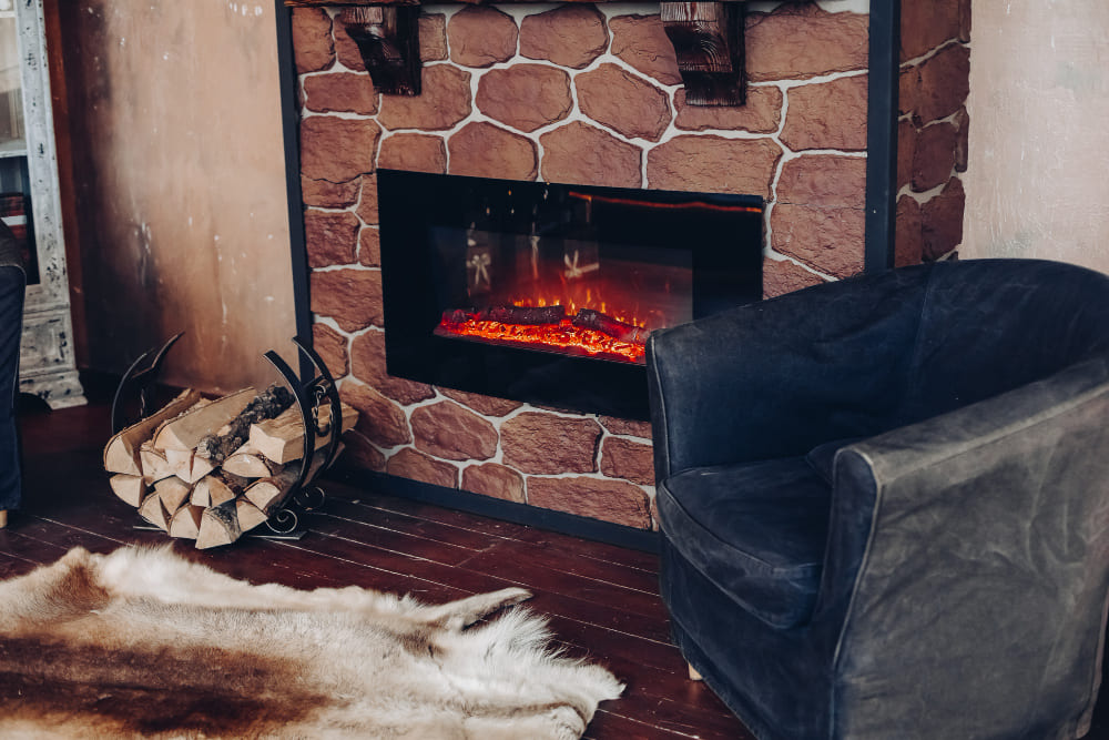 Masonry fireplace with log store