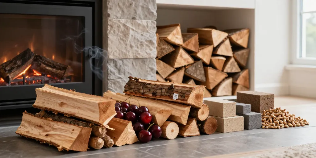 Brennholz und Holzbriketts neben einem Kamin